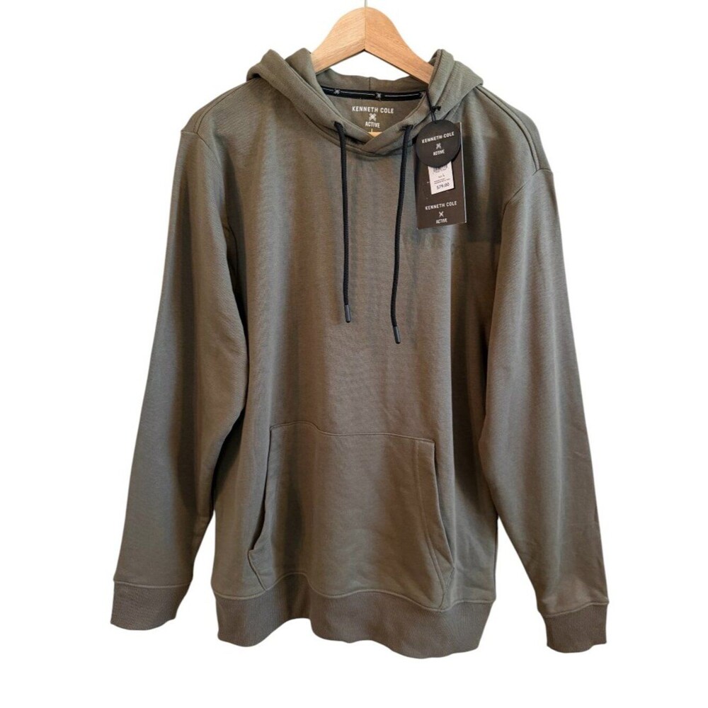 Kenneth Cole Active Men Olive Green Drawstring Terry Hoodie Pocket Sz L Casual
